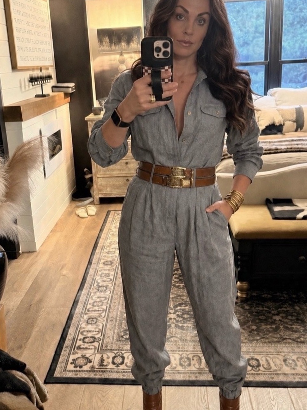 Women's Gray Utility Jumpsuit belt not included